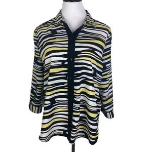 Alia Petite Striped Button Down Blouse‎ Women's 16P Yellow Black 3/4 Sleeve
